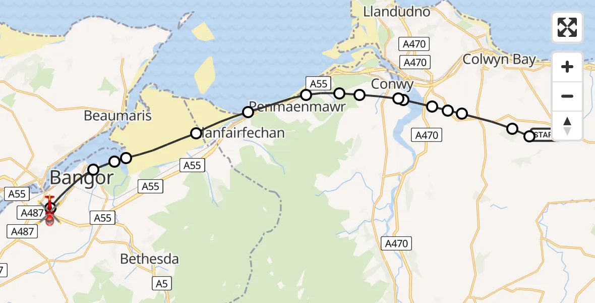 Routekaart van de vlucht: Air Ambulance Helicopter to Ysbyty Gwynedd Hospital Heliport, Ysbyty Gwynedd Hospital Heliport