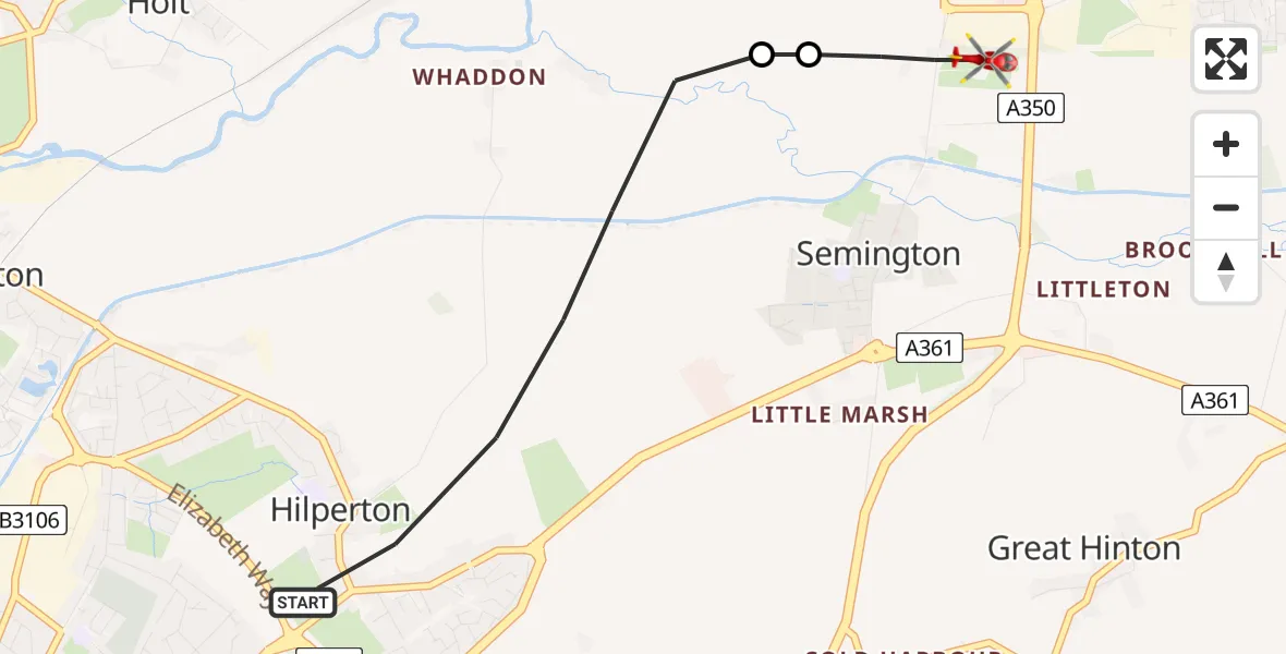 Flight route map: Air Ambulance Helicopter to Melksham, Commerce Way