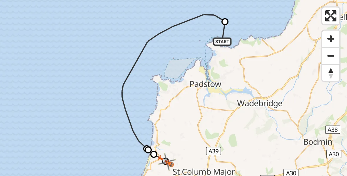 Routekaart van de vlucht: Coastguard Helicopter to Cornwall Airport Newquay, Cornwall Airport Newquay