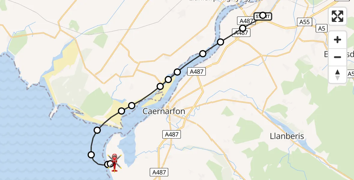 Flight route map: Air Ambulance Helicopter to Caernarfon Airport, Caernarfon Airport