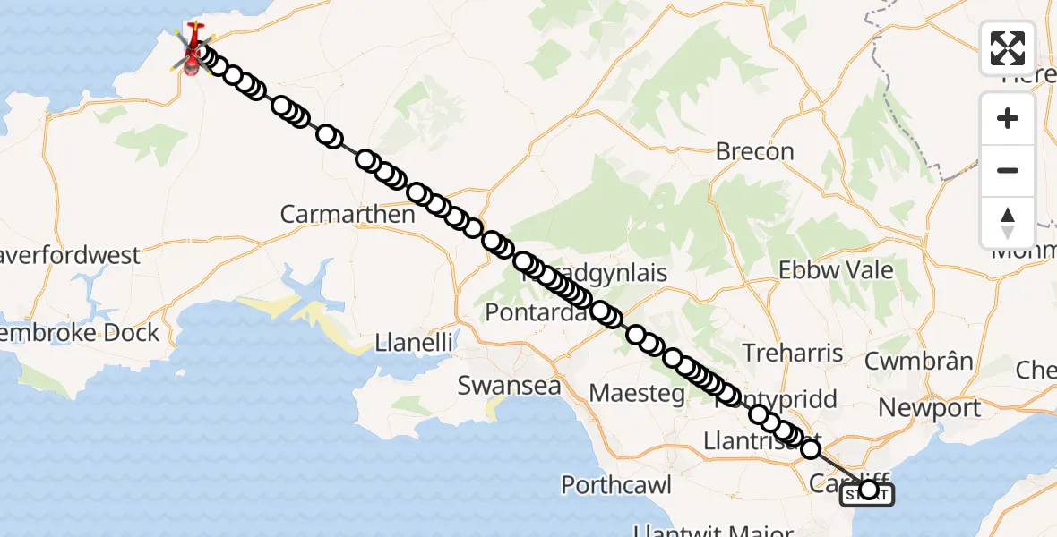 Flight route map: Air Ambulance Helicopter to Aberteifi / Cardigan, Rhodfa'r Felin