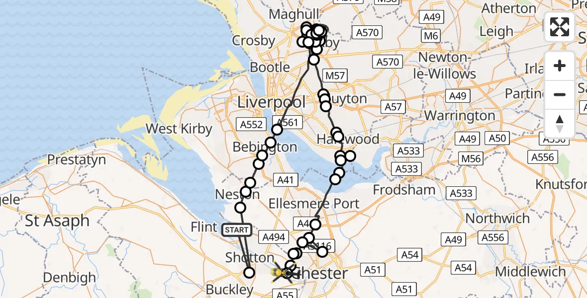 Flight route map: Police Helicopter to Saltney Ferry, B5129