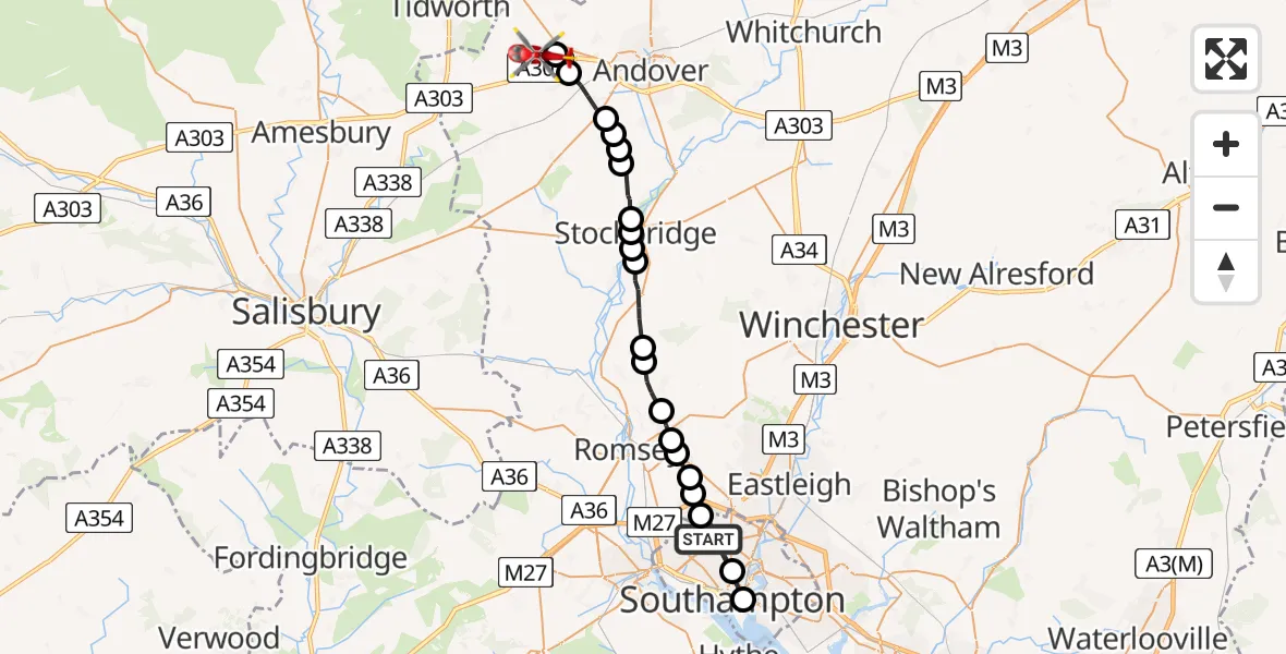 Flight route map: Air Ambulance Helicopter to Fyfield, Grange Close