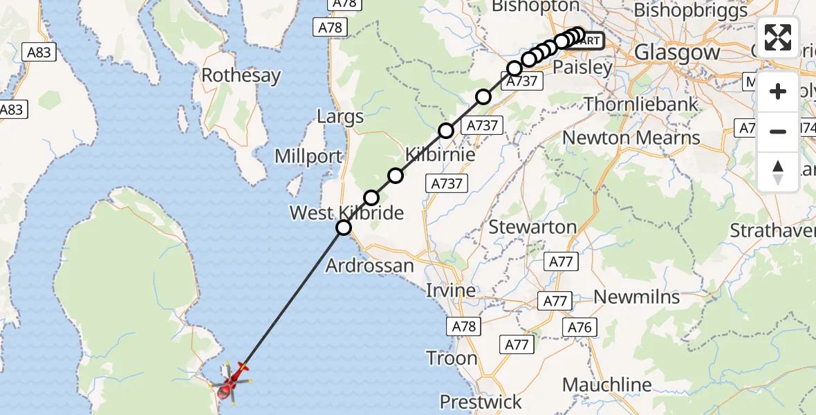 Flight path map showing Air Ambulance Helicopter route from Glasgow Airport to Inner Seas