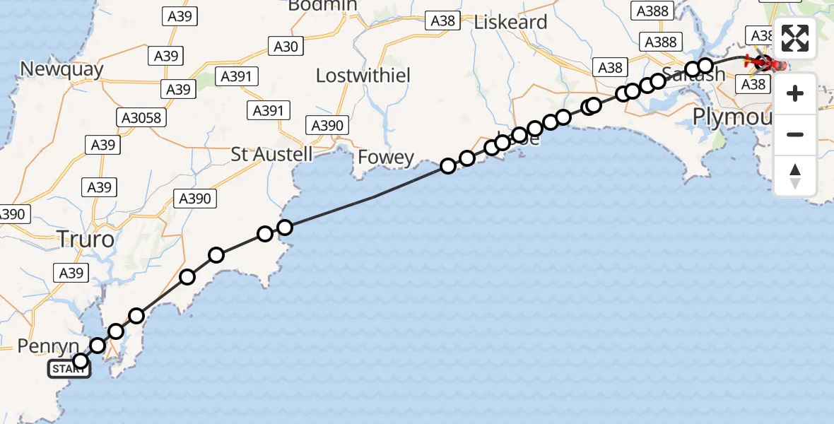Flight route map: Air Ambulance Helicopter to Derriford Hospital, Derriford Hospital