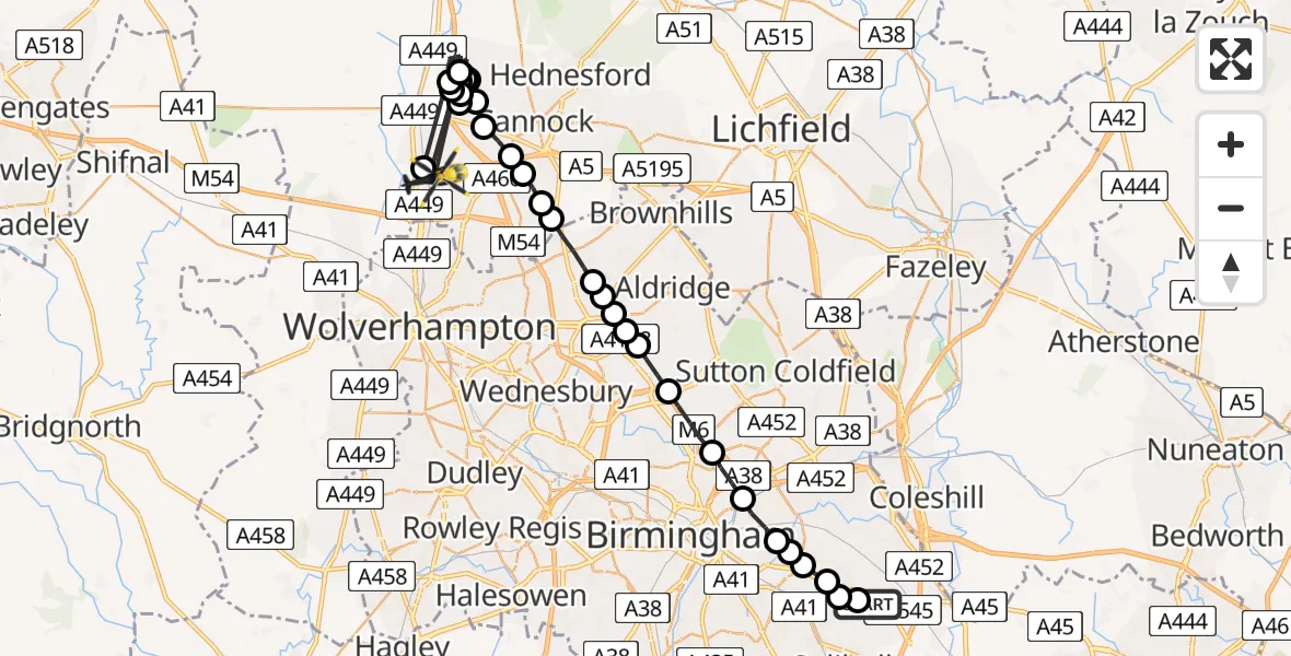 Routekaart van de vlucht: Police Helicopter to Coven, Laches Lane