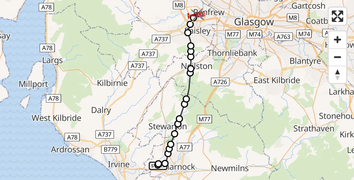 Flight route map: Air Ambulance Helicopter to Glasgow Airport, Glasgow Airport