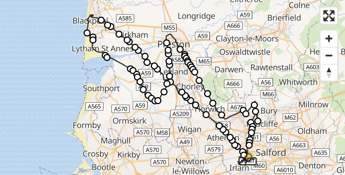 Flight path map showing Police Helicopter route from Manchester Barton Aerodrome to Manchester Barton Aerodrome