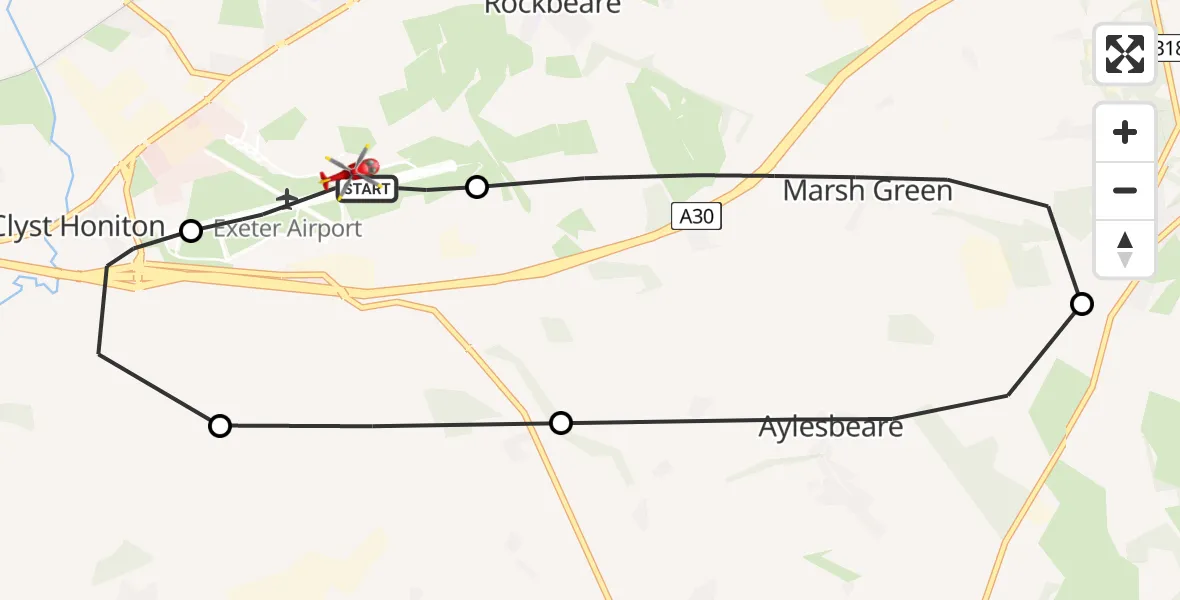 Flight path map showing Air Ambulance Helicopter route from Exeter International Airport to Exeter International Airport