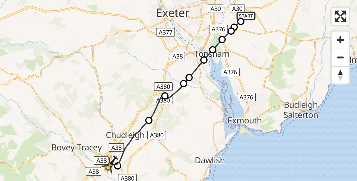 Flight route map: Police Helicopter to Chudleigh Knighton, Clay Pits Way