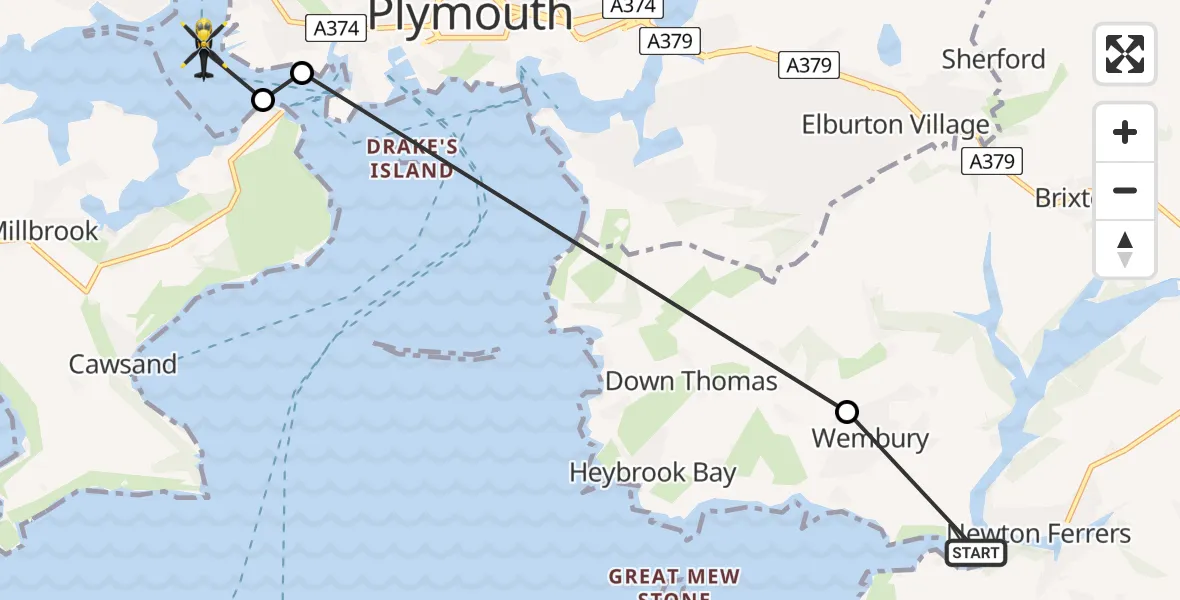 Routekaart van de vlucht: Police Helicopter to Plymouth, No.5 Slip
