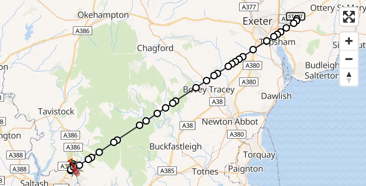 Flight route map: Air Ambulance Helicopter to Bickleigh, New Road