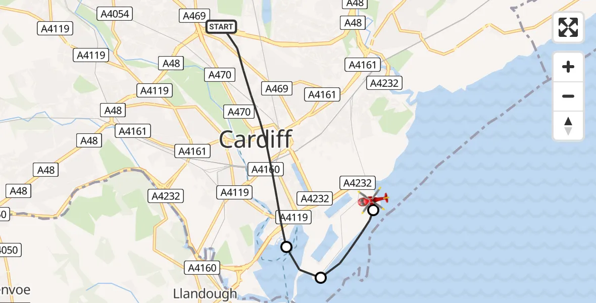 Flight route map: Air Ambulance Helicopter to Cardiff Heliport, Cardiff Heliport