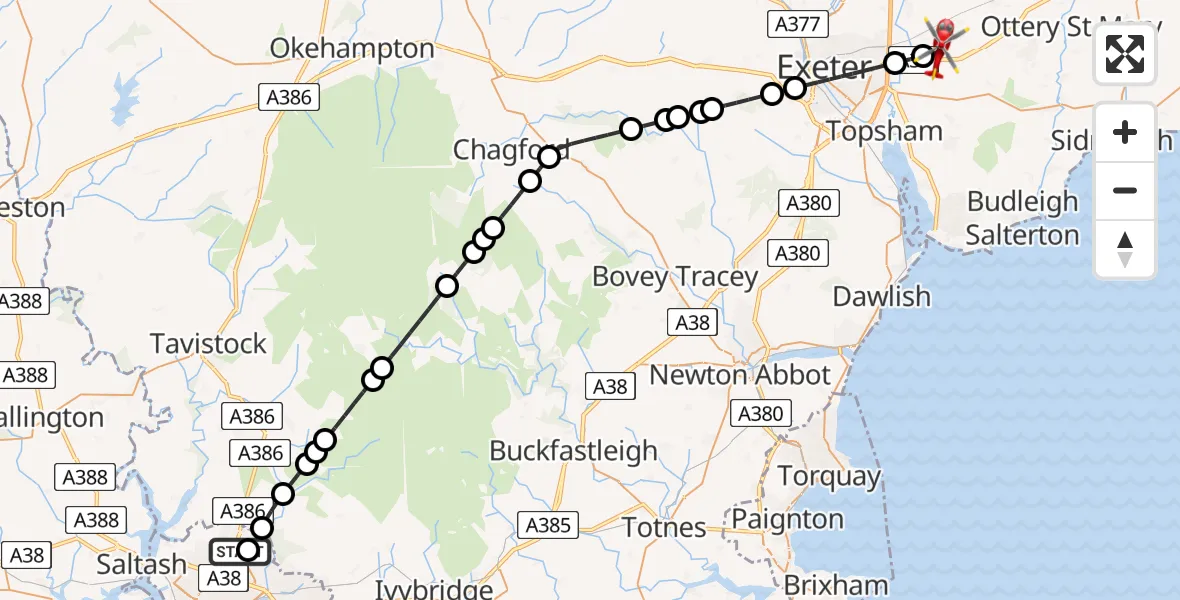 Routekaart van de vlucht: Air Ambulance Helicopter to Exeter International Airport, Exeter International Airport