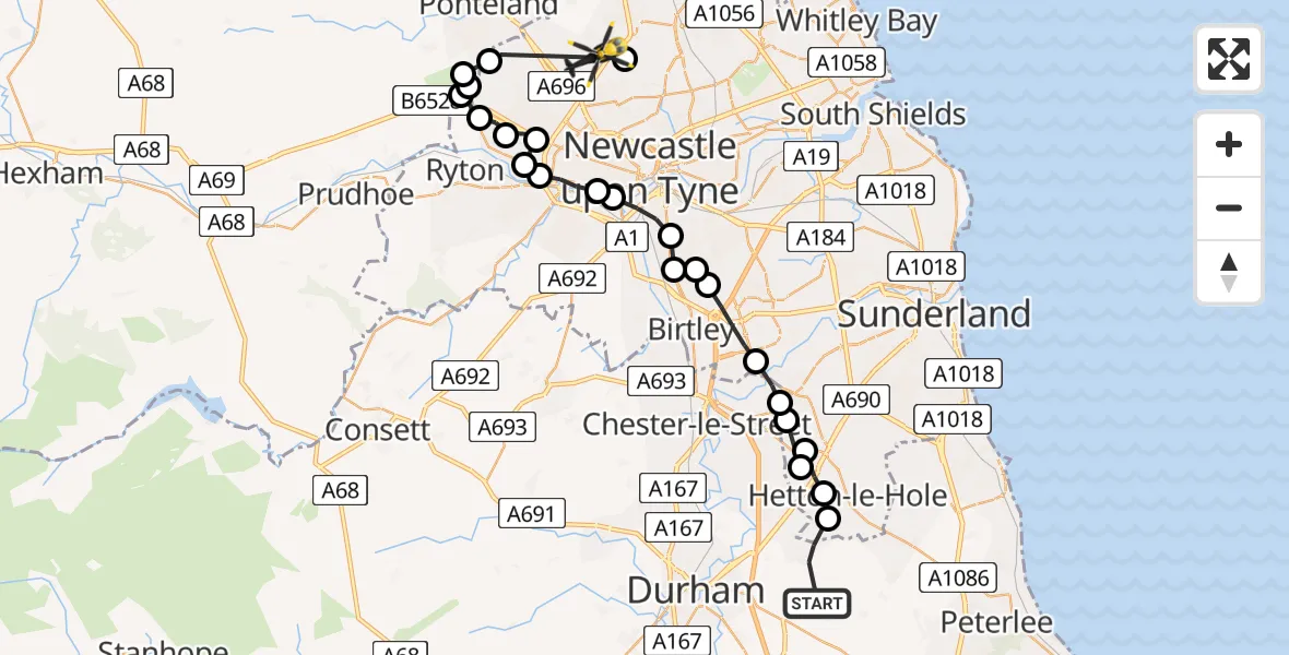 Routekaart van de vlucht: Police Helicopter to Newcastle upon Tyne, Rosebrough Road