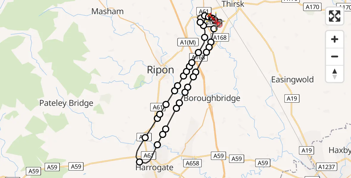 Flight route map: Air Ambulance Helicopter to RAF Topcliffe, RAF Topcliffe