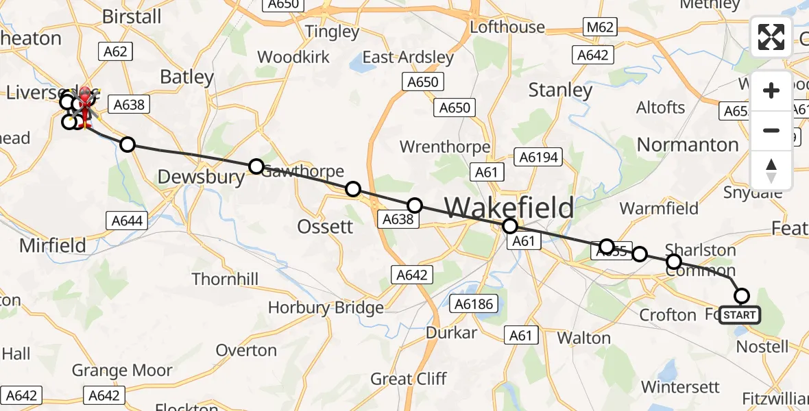 Flight route map: Air Ambulance Helicopter to Flush, Westgate