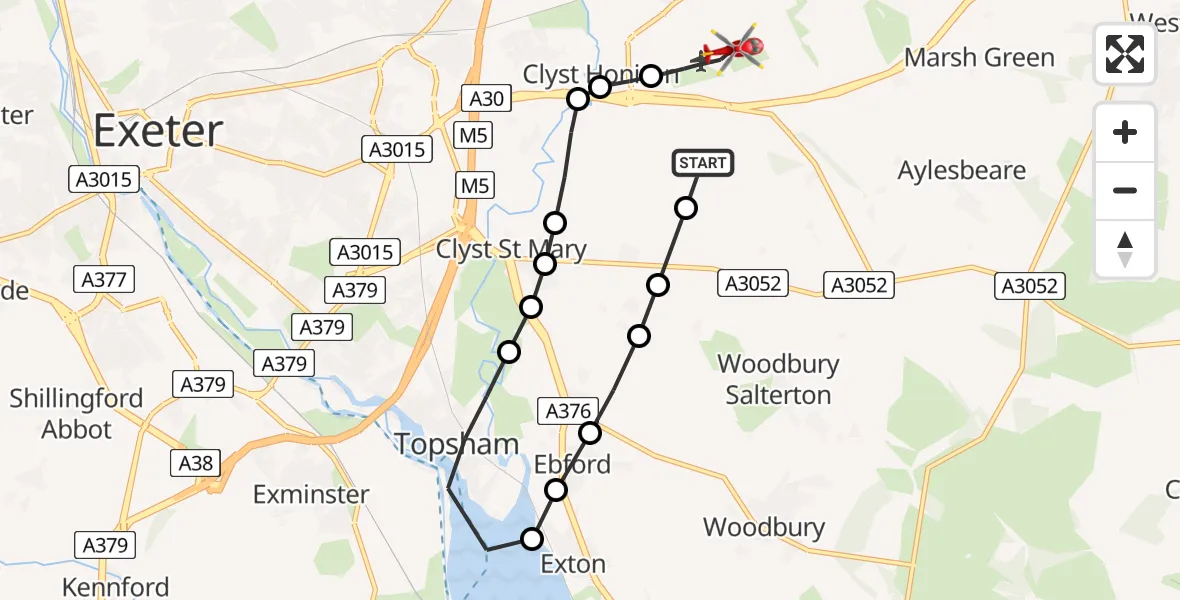 Flight route map: Air Ambulance Helicopter to Exeter International Airport, Exeter International Airport