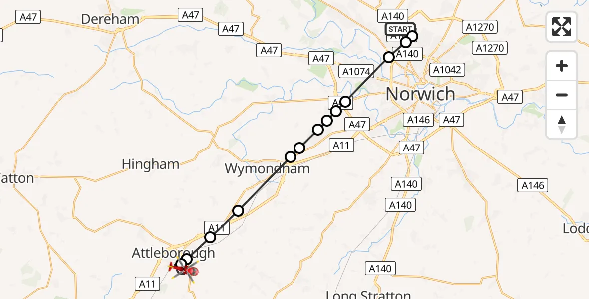 Flight route map: Air Ambulance Helicopter to Attleborough, Leys Lane