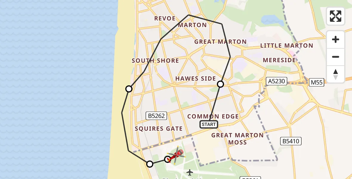Flight route map: Air Ambulance Helicopter to Blackpool Airport, Blackpool Airport