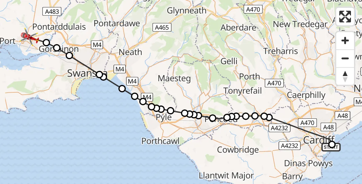 Flight route map: Air Ambulance Helicopter to Dafen, Cilsaig Road