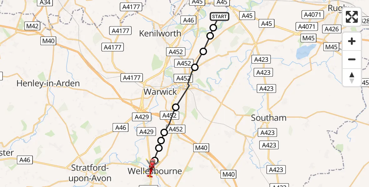 Flight route map: Air Ambulance Helicopter to Wellesbourne, Church Walk