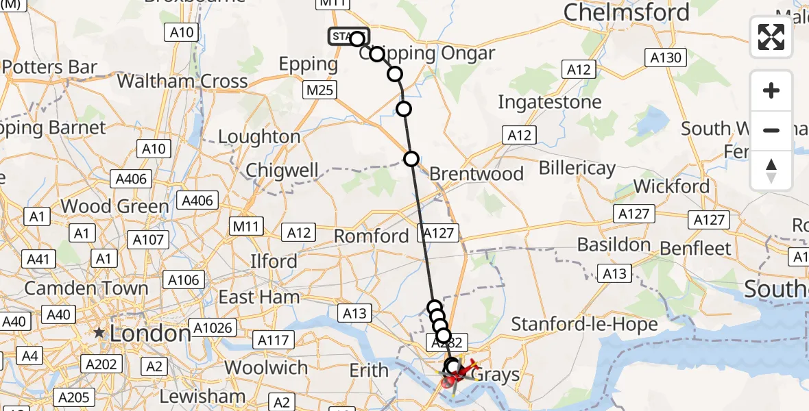 Flight route map: Air Ambulance Helicopter to Thurrock, Hilltop Road