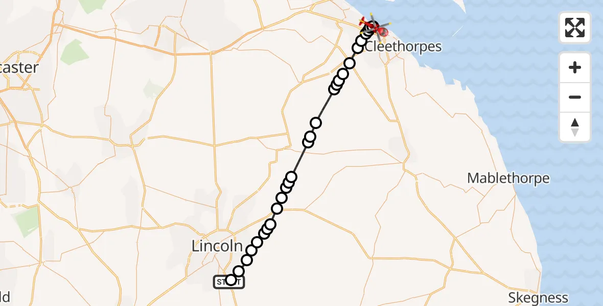 Flight route map: Air Ambulance Helicopter to Grimsby, North Wall