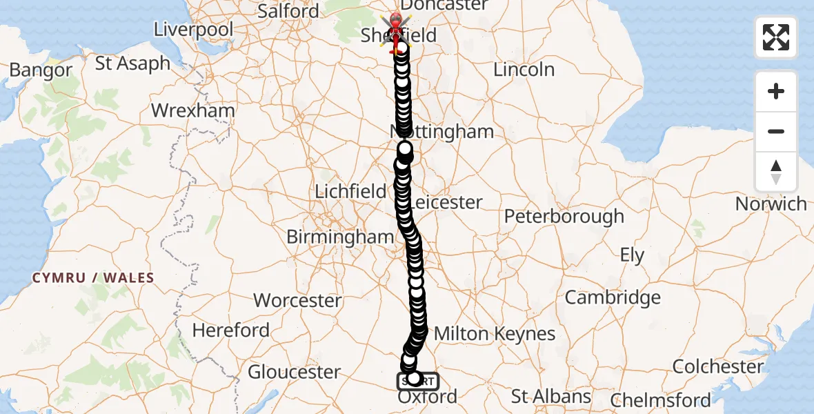 Flight route map: Air Ambulance Helicopter to Sheffield Childrens Hospital, Sheffield Childrens Hospital