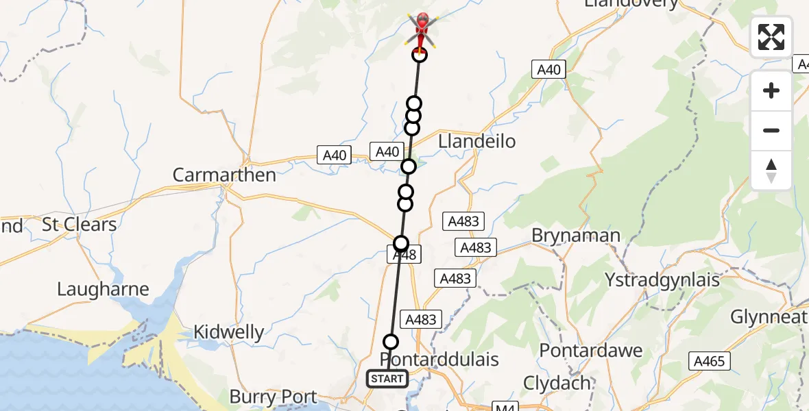Routekaart van de vlucht: Air Ambulance Helicopter to Llanfynydd, Llanfynydd