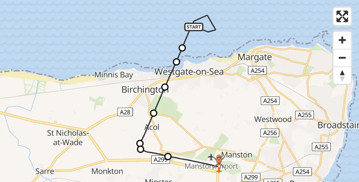 Flight route map: Coastguard Helicopter to Manston Airport, Manston Airport