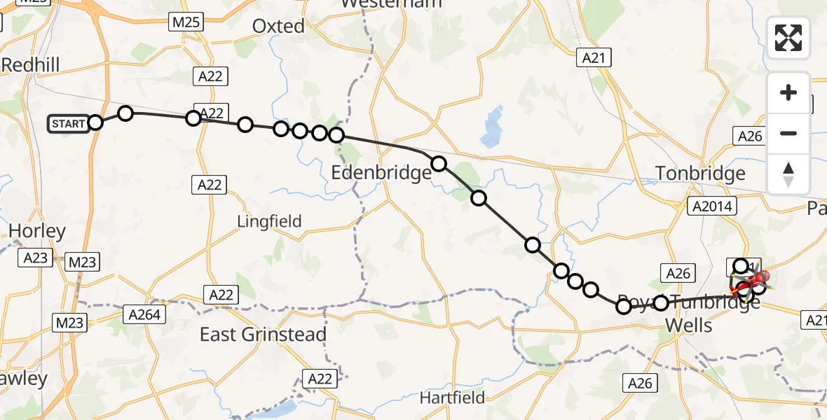 Flight route map: Air Ambulance Helicopter to Pembury, Tonbridge Road