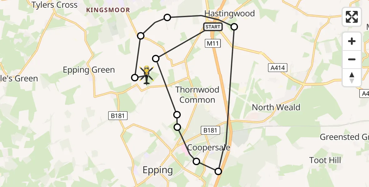 Flight route map: Police Helicopter to Thornwood Common, Upland Road