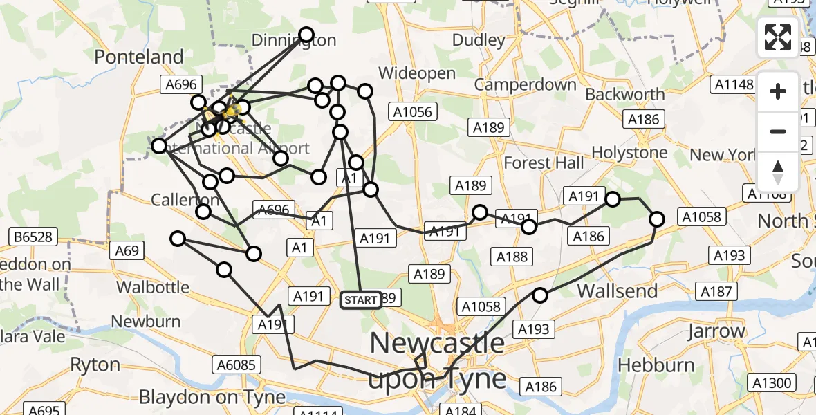 Flight route map: Police Helicopter to Newcastle International Airport, Newcastle International Airport