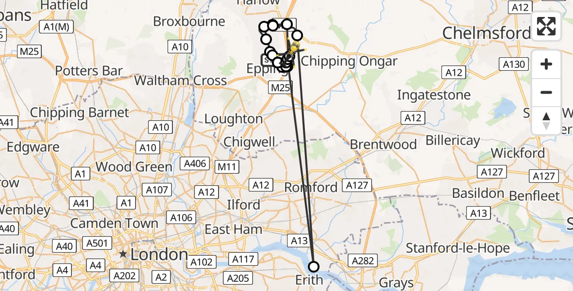 Flight route map: Police Helicopter to North Weald Bassett, Epping Road