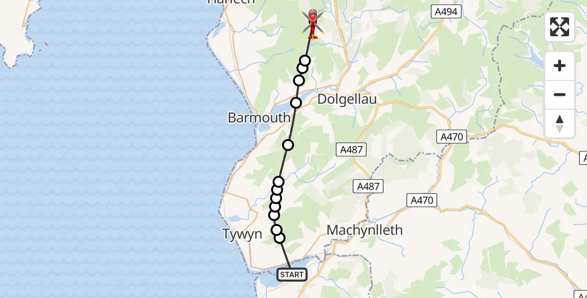 Routekaart van de vlucht: Air Ambulance Helicopter to Ganllwyd, Ganllwyd