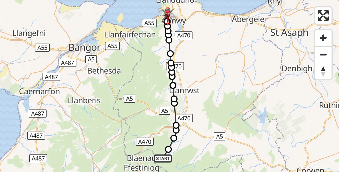 Routekaart van de vlucht: Air Ambulance Helicopter to Conwy Marina Village, Gwibffordd Gogledd Cymru / North Wales Expressway