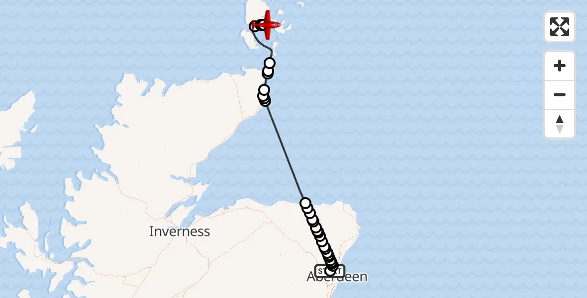 Flight route map: Air Ambulance Aircraft to Kirbister, Aberdeen International Airport