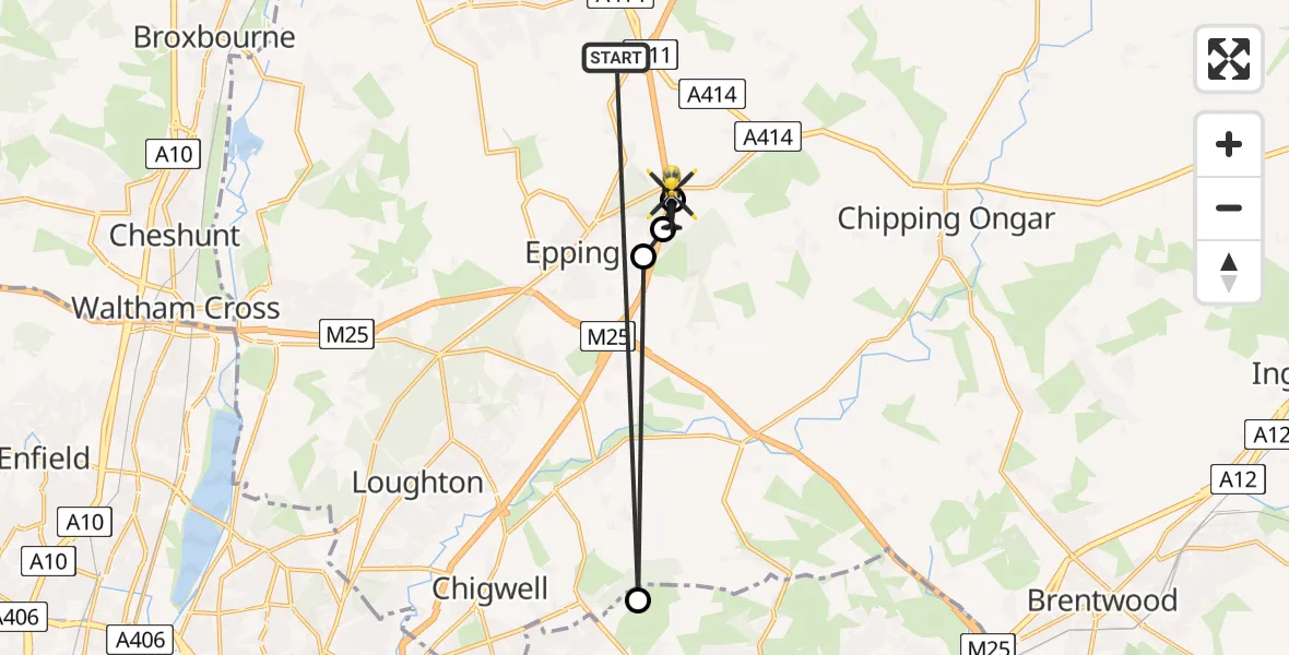 Flight route map: Police Helicopter to North Weald Bassett, M11