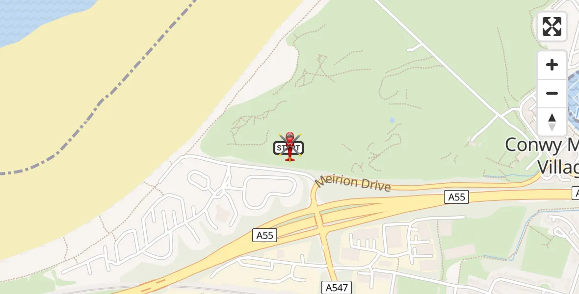 Flight route map: Air Ambulance Helicopter to Conwy Marina Village, Conwy Marina Village