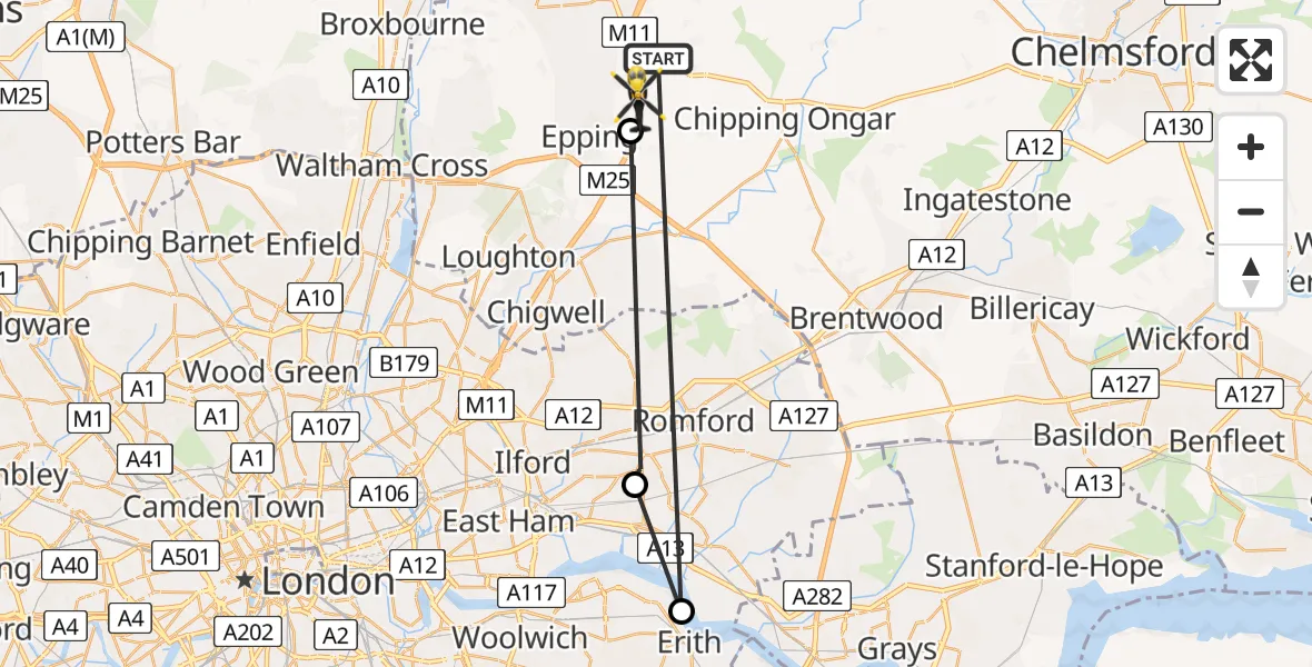 Flight route map: Police Helicopter to North Weald Bassett, Epping Road