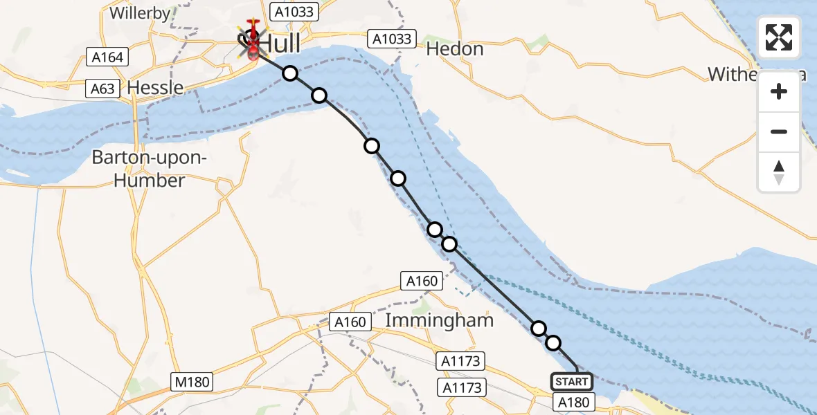 Flight route map: Air Ambulance Helicopter to Hull Royal Infirmary, Hull Royal Infirmary