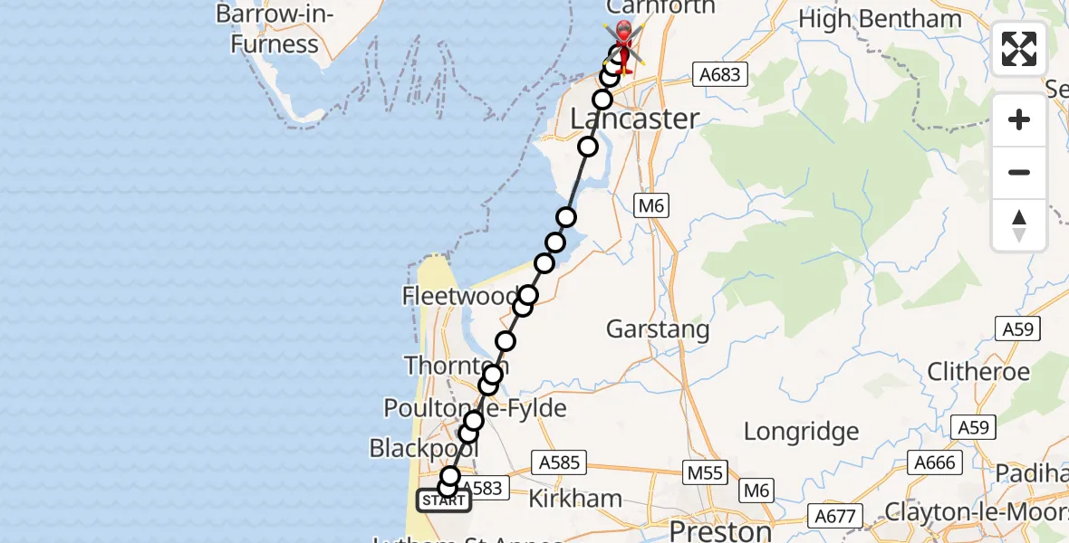 Flight route map: Air Ambulance Helicopter to Hest Bank, The Shore