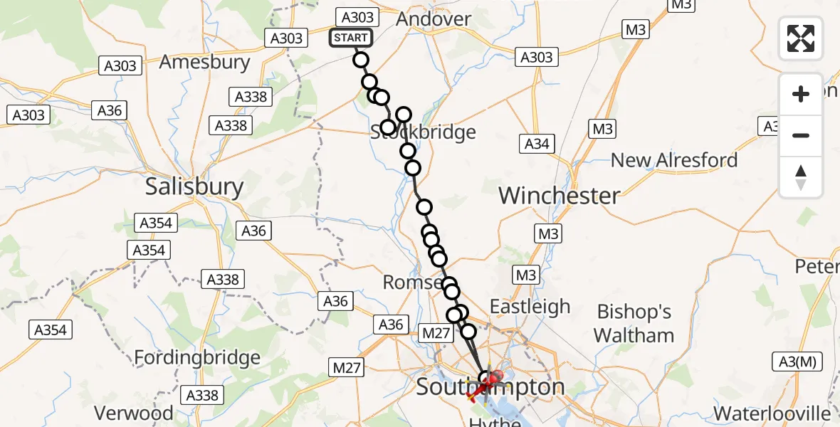 Flight route map: Air Ambulance Helicopter to Southampton, West Quay Road