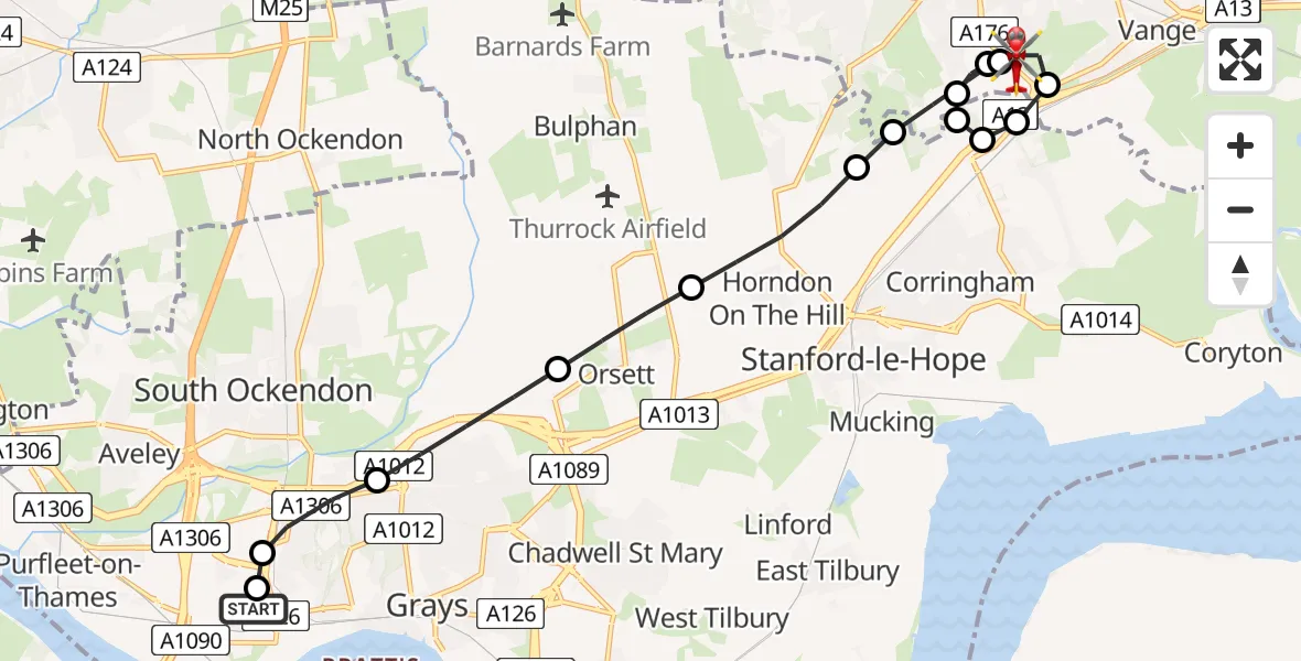 Flight route map: Air Ambulance Helicopter to Basildon, Nether Mayne