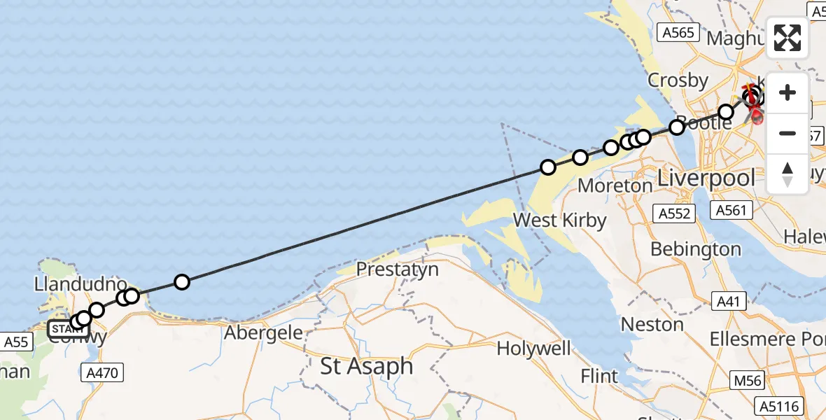 Flight route map: Air Ambulance Helicopter to Aintree University Hospital Heliport, Aintree University Hospital Heliport