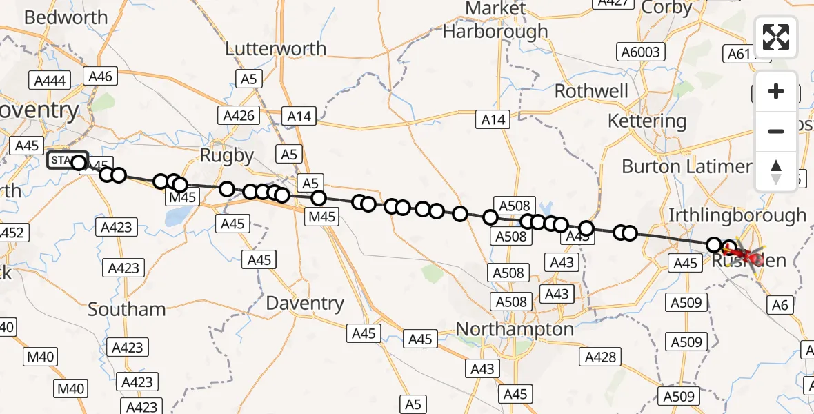 Routekaart van de vlucht: Air Ambulance Helicopter to Rushden, Quorn Road