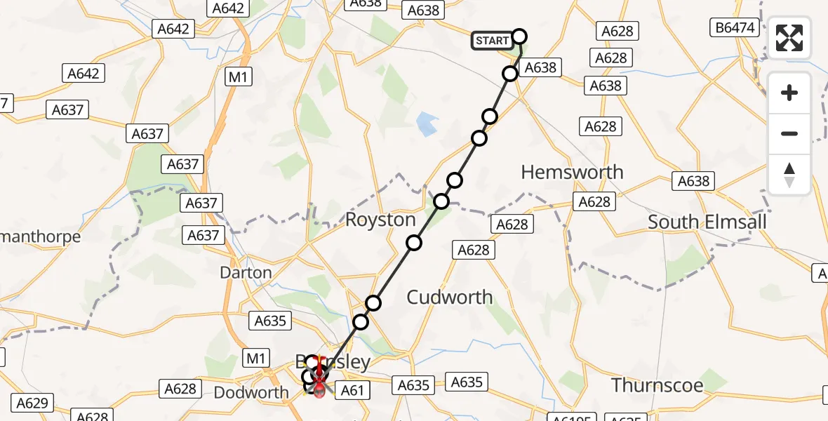 Routekaart van de vlucht: Air Ambulance Helicopter to Barnsley, Willow Street