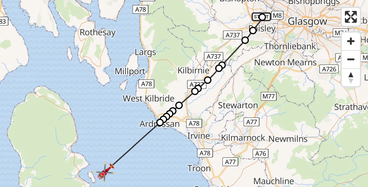 Flight path map showing Air Ambulance Helicopter route from Glasgow Airport to Inner Seas