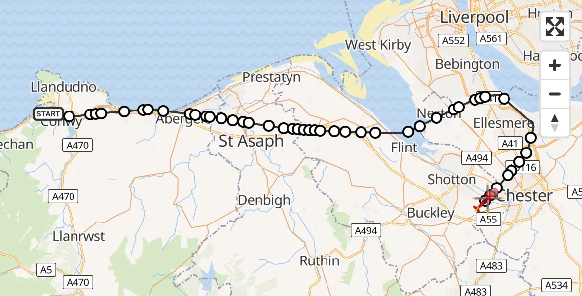 Routekaart van de vlucht: Air Ambulance Helicopter to Hawarden Airport, Hawarden Airport